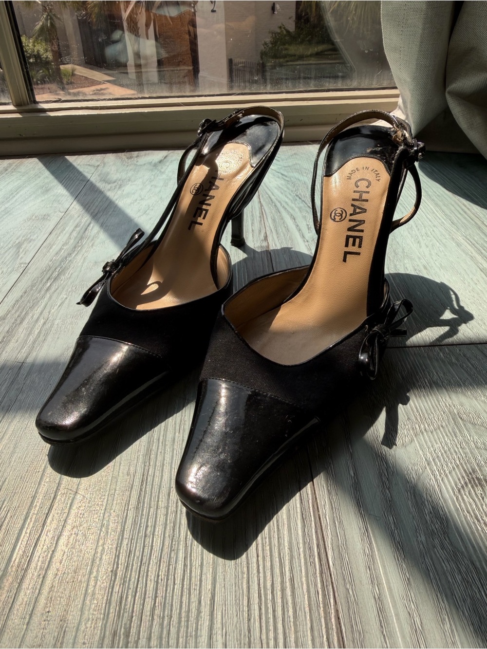 CHANEL Black Patent & Fabric Slingback Heels with Bow Accent